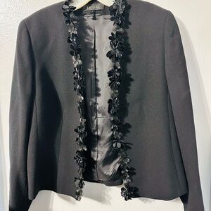 Escada Black Cropped Jacket | Floral Embellished Trim | Elegant Statement Piece